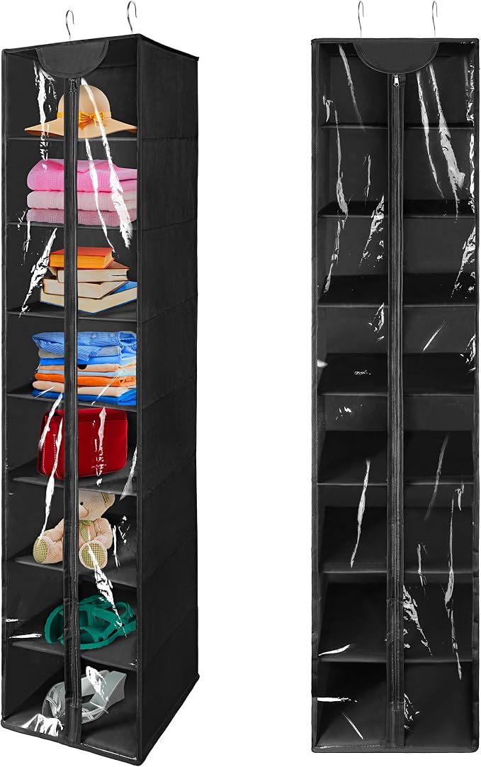 8 Tier Clear PVC Hanging Organizer With Zipper, Sweater Storage Shelves With Cover, Shoe Organizer for Closet, Black
