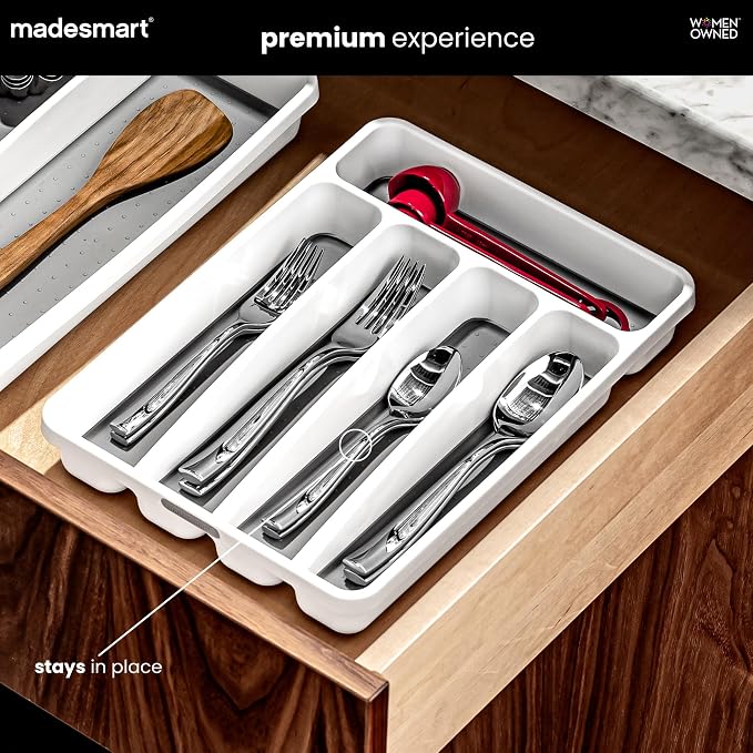 madesmart Premium Small Silverware Tray, Compact 5 Compartment Flatware Organizer for Forks, Knives & Spoons, Non Slip, Soft Grip Lining, Fits Small Drawers, White
