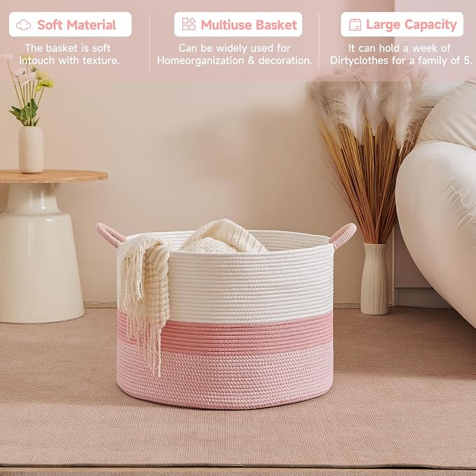 CLHMILY&Z Round Cotton Rope Storage Basket - 22x14.2 Inches - Cute Nursery Bin, Baby Toy Organizer, Pink Organizer for Home Decor, Multi-Purpose Home Tidy Solution