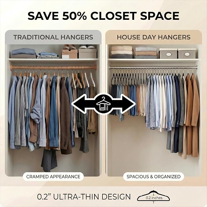 HOUSE DAY Black Plastic Hangers 60 Pack, Ultra-Thin Heavy Duty Non-Velvet | Hangers with 360° Swivel Hook & Non Slip Notches - Slim Space Saving Clothes Hangers Ideal for Dresses Coats Shirts Jackets