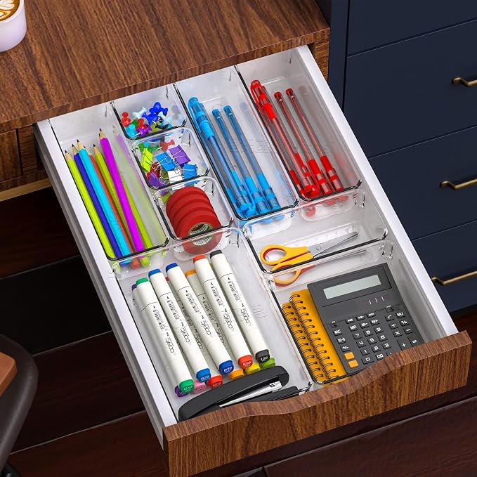 Yieach 25 Pc Clear Plastic Drawer Organizer Set,4 Sizes In Drawer Organizer Trays for Bathroom,Office,Kitchen Cabinet and Vanity Organizers,Desk Drawers Organizer Bin for Jewelry,Cosmetic,Utensil,Junk