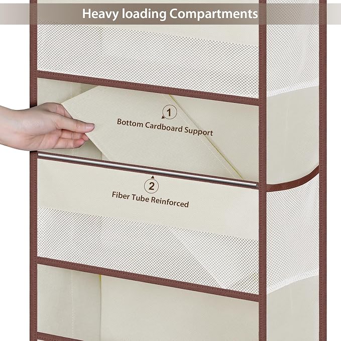 Univivi Over The Door Organizer - Wall Mount Hanging Organizer with 5 Large Compartments, 2 Small PVC Pockets and 8 Mesh Side Pockets for Cosmetics, Toys and Sundries (Beige)