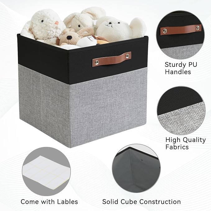Bagnizer 13x15x13 Storage Cube Bins, Foldable Storage Organizer Baskets, Fabric Cube Storage Boxes with 2 Reinforced PU Handles for Kallax, Shelves, Living Room | 4 Pack, Black & Gray