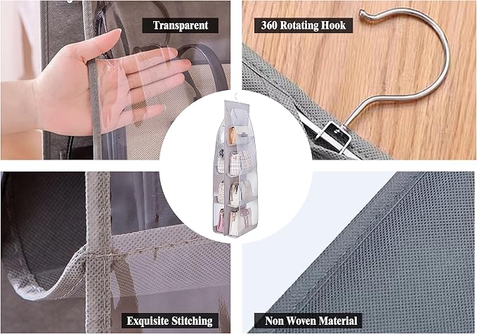 AARAINBOW 2 Packs Hanging Handbag Purse Organizer, Hanging Hand Bag Organizer Wardrobe Closet Purse Holder, 8 Pockets, 43.3L x 14.1W (B Gray Light Pink)