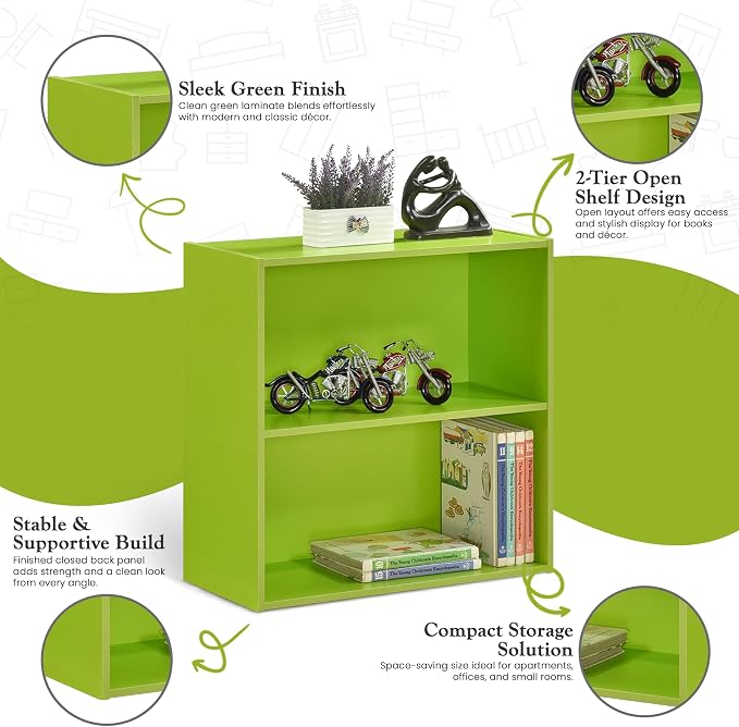 KB Designs - Tony 2-Tier Modern Bookcase with Open Storage Shelves for Kids’ Rooms, Playrooms, or Home Offices – Compact Colorful Bookshelf Organizer