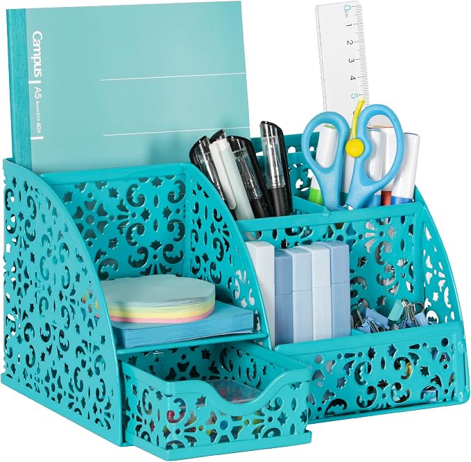 EasyPAG Desk Organizer and Pen Holder for Desk, Mesh Office Supplies Storage Caddy with Drawer for Small Space, Desktop Organizer for Home Office, Dark Teal