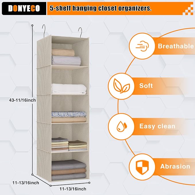 Hanging Closet Organizer 5-Tier, Oxford Wardrobe Storage, Beige Houndstooth | Easy-mount foldable design holds clothes, handbags, shoes & accessories; washable Oxford fabric, sturdy and space-saving.