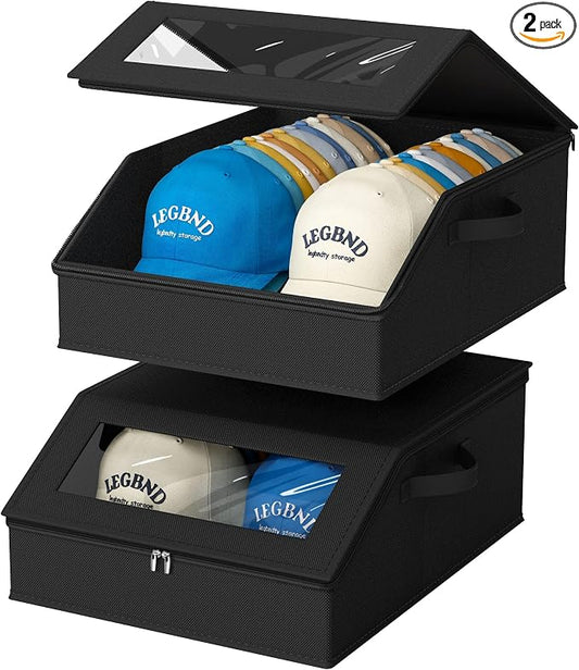 AOODA 2 PCS Sturdy Hat Storage for Baseball Caps, Holds up to 48 Caps Clear Hat Organizer for Closet, Bedroom, Wide Hat Box with Cardboard (Pure Black)