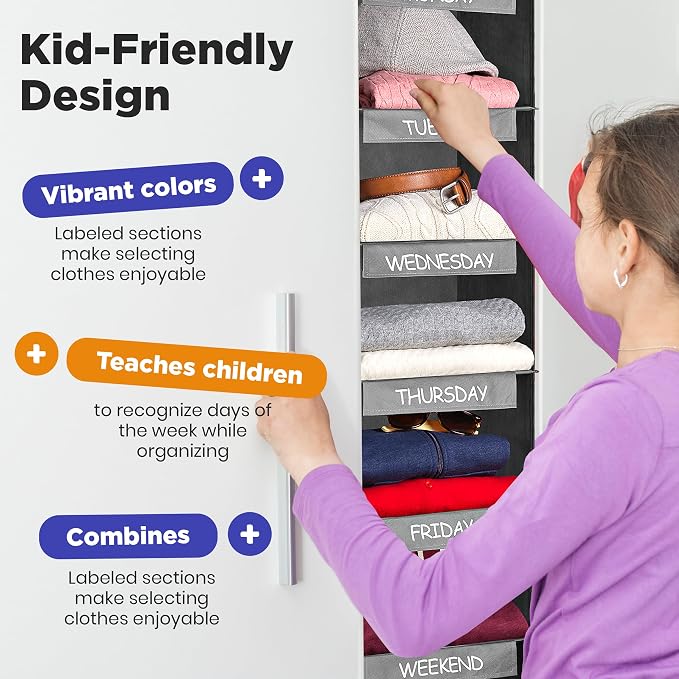 Handy Laundry Hanging Clothes Organizer for Kids - 6-Shelf Closet Daily Clothing Organization Labeled Shelves with Days of The Week Monday Through Friday, Weekday and Weekend (Grey)