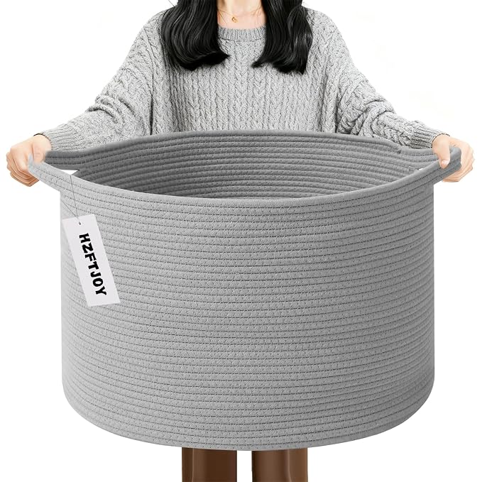 90L Extra Large Blanket Basket,Woven Rope Laundry Basket Hamper with Handles, Decorative Nursery Basket Storage Bin for Toys, Clothes Organizer, Living Room, Bedroom, Bathroom, Light Grey