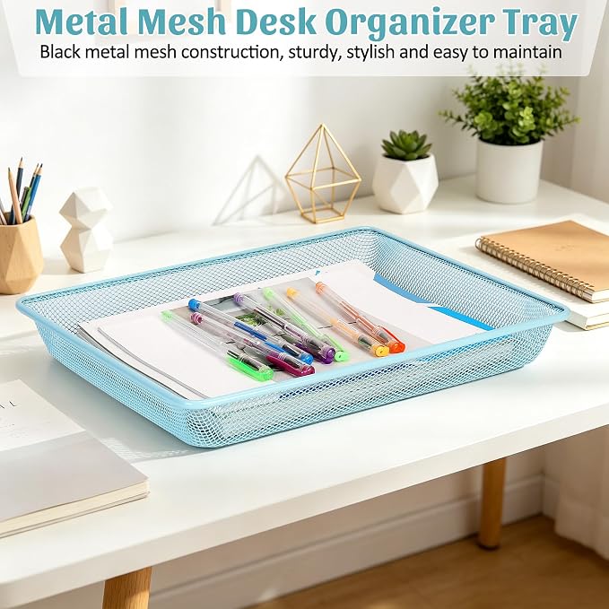 Office Metal Mesh Basket for Desk, Single Paper Tray Organizer, Turn in Trays Classroom, Flat Mail Letter Storage Basket for Office Home Drawers School (1, Blue)