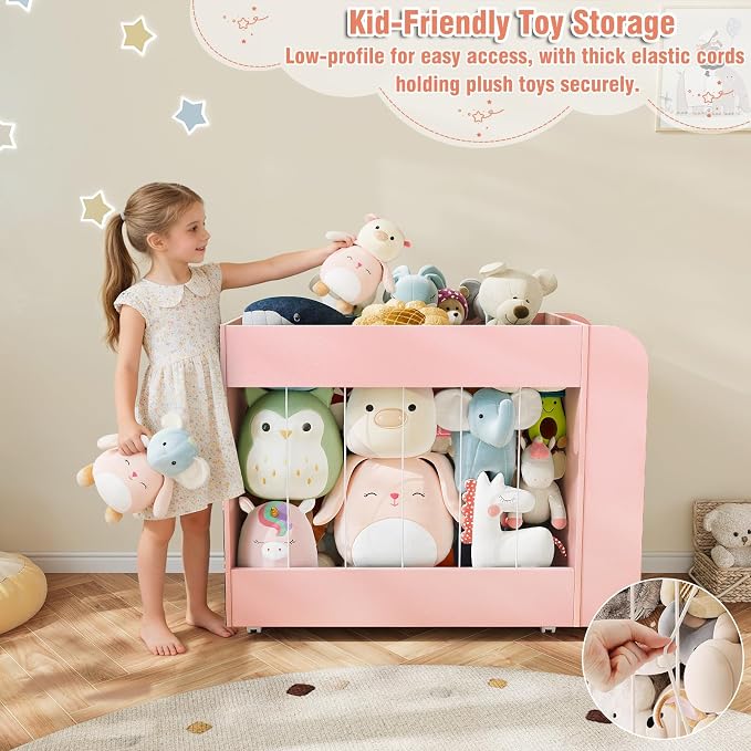 Kids Toy Storage Organizer with Drawing Chalkboard, Toy Storage Box with Stuffed Animal Storage and 2-Tier Kids Bookshelf, Toy Organizer Chest with 360° Wheels for Playroom, Nursery, Bedroom, Pink