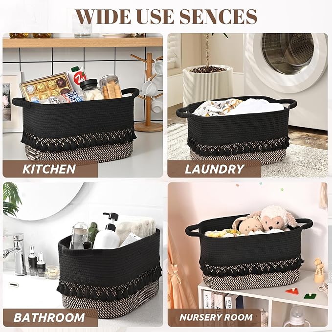 2 Pack Storage Basket for Shelves, Boho Cotton Rope Storage Bins with Heavy Tassel, Shelf Baskets Large Woven Baskets for Organizing, Cube Organizer Bins, Baby Laundry Basket for Clothes, Toys, Pets