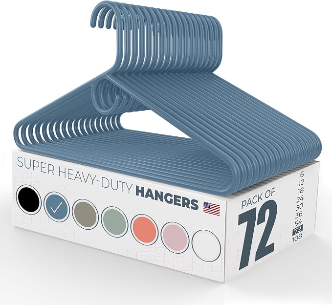 Super Heavy Duty Clothes Hangers 50+ Pack (72 Count) – Made in the USA - 10lb Capacity, Thick Plastic Hangers for Pants, Coats, Jackets, Jeans and Adult Clothing – Blue