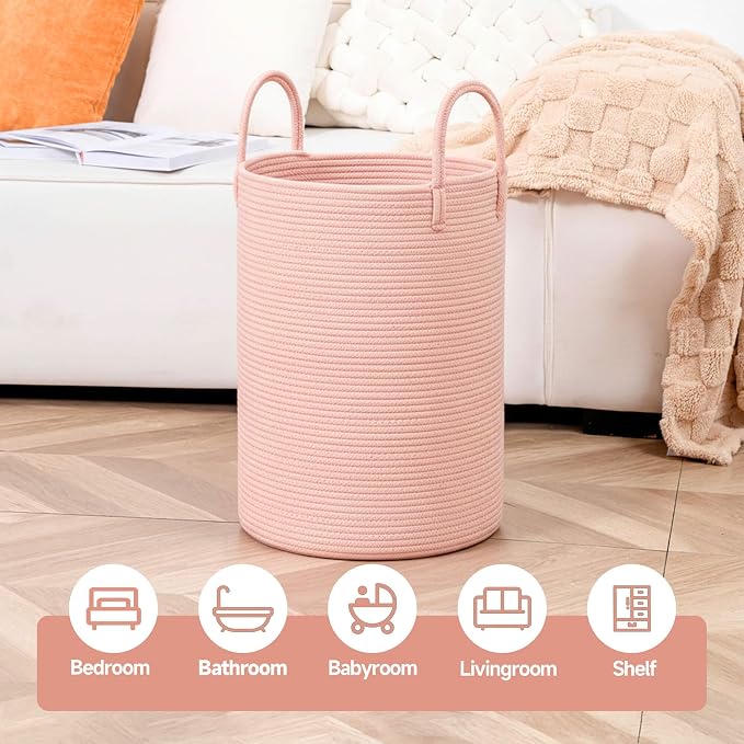 CLHMILY&Z Laundry Hamper Round Storage Rope Basket in Living Room, Bedroom, Laundry Room for Toy, Clothes, Blanket, Pillow (Pink, 60L)