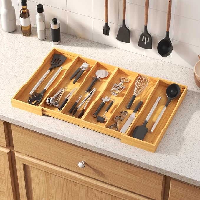 Lifewit Utensil Drawer Organizer, Expandable Kitchen Tool Tray, Wood Adjustable Flatware and Spatula Storage Divider, 17.8-28.3 x 17 x1.8