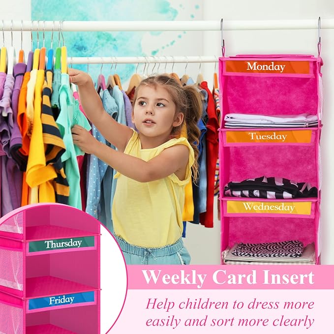 Amylove 2 Pack 6 Shelf Weekly Clothes Organizer for Kids with Side Pocket, 47 Inch Days of the Week Clothes Organizer, Monday to Friday Daily School Outfits Clothing Divider for Kids(Rose Red)