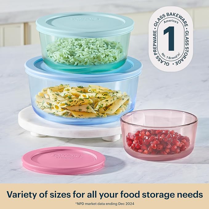 Pyrex Colors (3-Pack, Medium) Tinted Glass Round Food Storage Container Set, Snug Fit Non-Toxic Plastic BPA-Free Lids, Freezer Dishwasher Microwave Safe, 2 Cup, 4 Cup & 7 Cup
