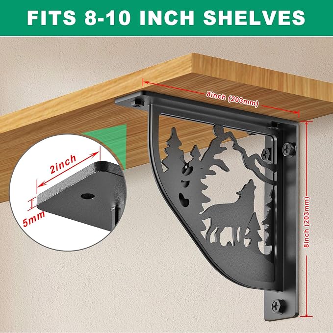 SELEWARE Black Heavy Duty Shelf Brackets, L 8" x H 8" x W 2" Wall Mount Decorative Shelving Brackets, 1/5" Thick Metal L Brackets with Mounting Hardware for DIY Floating Shelf (Wolf, 2 Pack)