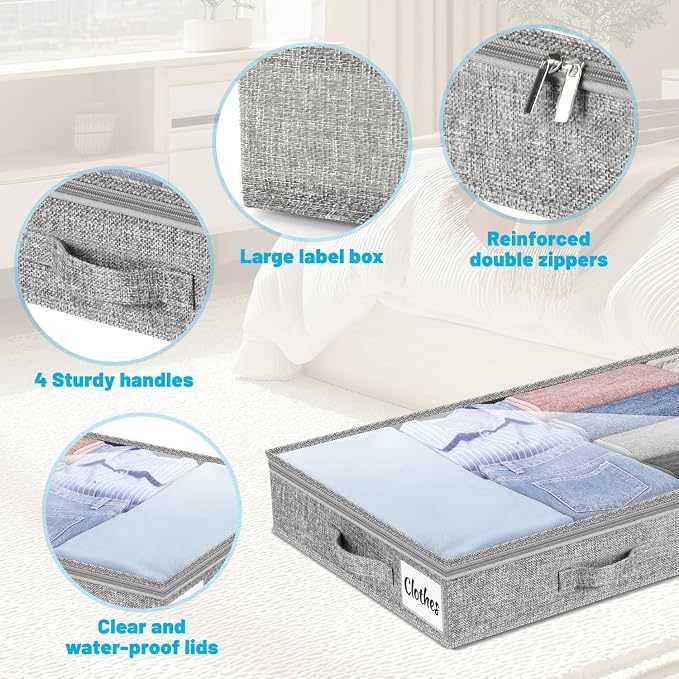 4 Inch Low Profile Under Bed Storage Drawer 2 Pack, Lightweight Underbed Clothes Storage Container Bins With NO STURCTURE, Shallow Storage Bag for Dorm & Home, With Clear Lids & Water-Resistant Fabric