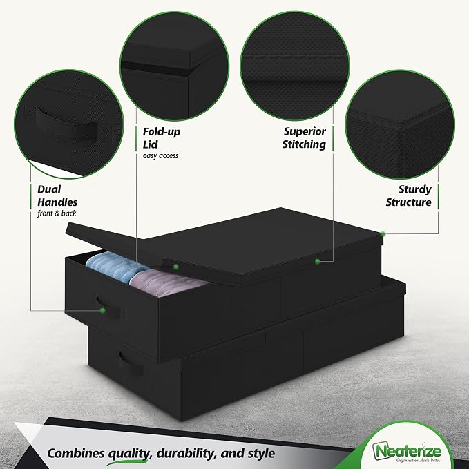 NEATERIZE Under Bed Storage Bins With Lids [Set of 2] Long Flat Stackable Underbed Storage Containers For Organizing Clothing, Shoes, Blankets, and Linen. Garage Boxes. (Large-Black)