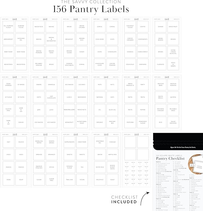 Pantry Labels for Food Containers, 156 Preprinted Kitchen Labels for Storage Bins and Glass Jars, Waterproof Removable Organizing Stickers for Food and Pantry Essentials