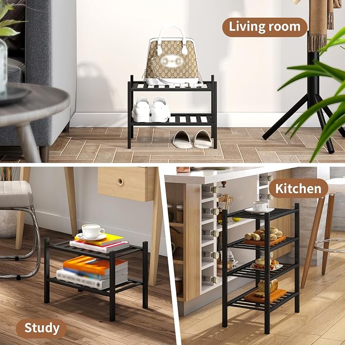 Bamboo Shoe Rack Stackable Shoe Shelf Storage Organizer for Unit Entryway Hallway and Closet Sturdy Freestanding Small Shoe Shelf(2S Tier Black)