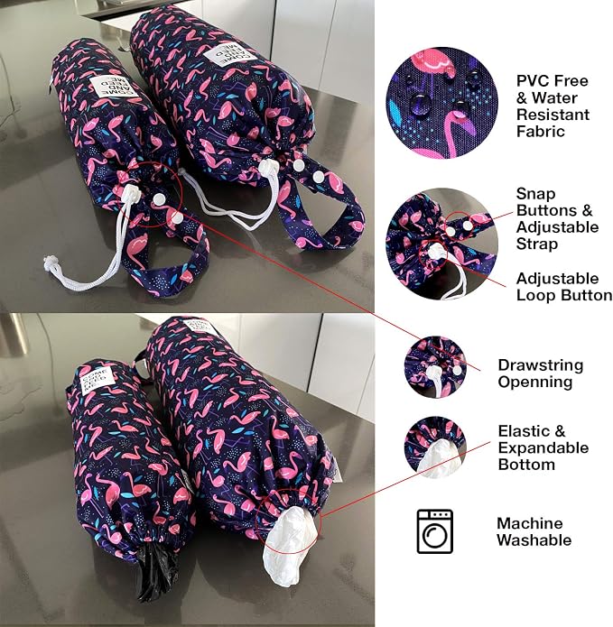 2pcs Waterproof Plastic Grocery Trash Bag Holder Shopping Carrier Holder Organizer Kitchen Storage Bag Dispenser Multiple Designs Sizes Flamingos