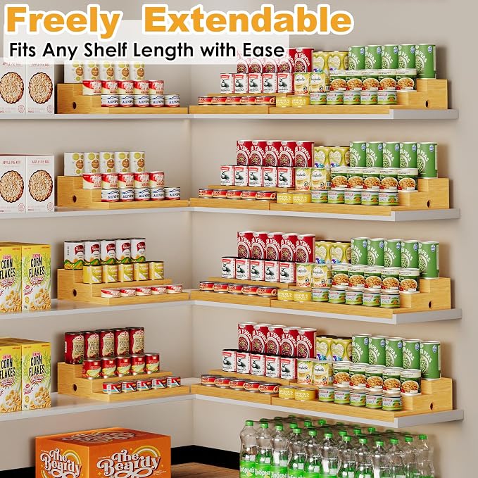 3-Tier Extra-Long Expandable Bamboo Can Rack for Pantry – Adjustable Pantry Can Organizer, Large Capacity Holds up to 45 Cans, Pantry Shelf & Countertop Storage (Patent Pending)