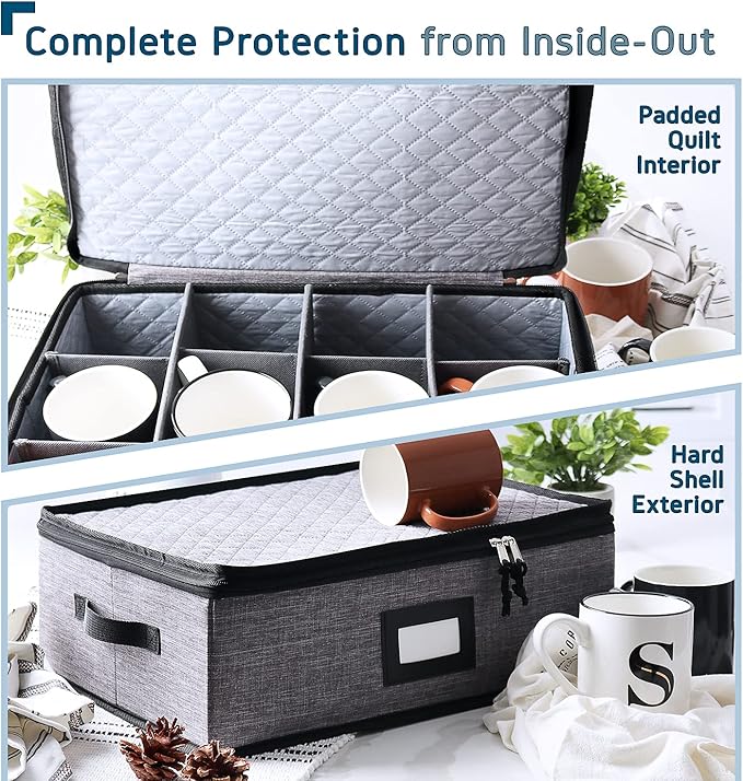 Coffee Mug Storage, Quilted and Stackable Coffee Cup Storage Organizer for Service of 12, Mug Storage Box with Dividers, Mug China Storage Containers Hard Shell for Moving and Seasonal Storage