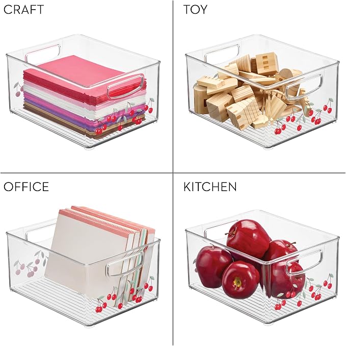 iDesign Bathroom Organizer Bin, Decorative Print - Stackable Plastic Storage Basket for Makeup & Vanity Organization - Clear/Red