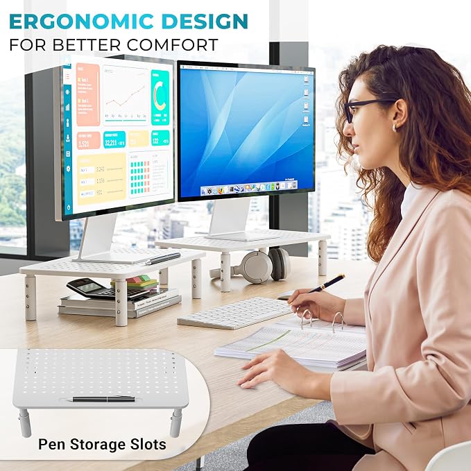 BONTEC Monitor Stand for Desk 2 Pack, 3-Level Height Adjustable Metal Monitor Riser, Ergonomic Computer Stand with Pen Holder & Cable Management for Printer, Laptop, Office Workstation, White