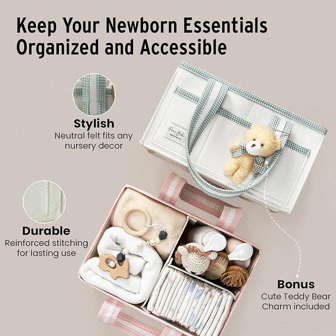 PeraBella Baby Diaper Caddy Organizer, XL Baby Basket Shower Gift Caddy, Portable Felt Changing Table Basket, Nursery Storage Bin, Newborn Boy and Girl Essentials for Registry, Car Diaper Organizer