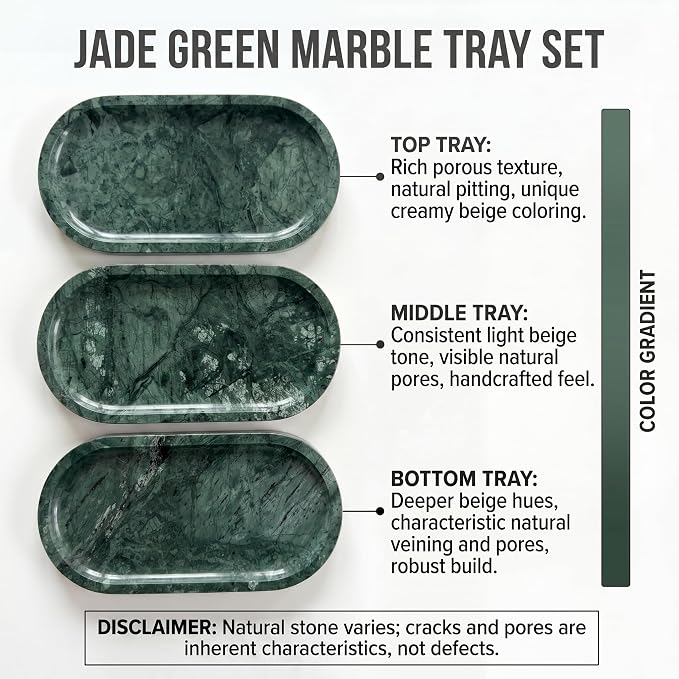YKAJO Jade Green Oval Marble Tray, 11.8x5.9 Vanity Perfume Organizer Dish | Honed natural stone; jewelry & trinket dish, ring & key holder, soap & candle catchall; bath counter, dresser, coffee table