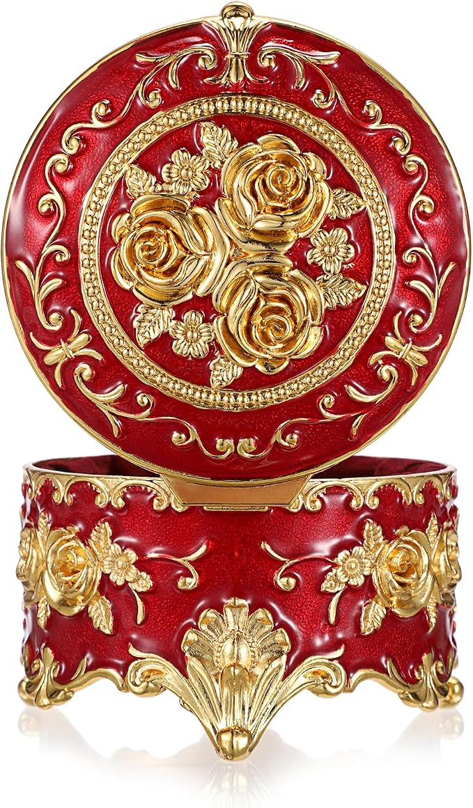 Hipiwe Vintage Metal Jewelry Box - Small Trinket Organizer Ring Box Case with Rose Pattern Jewelry Storage Box for Ring Earrings Necklace, Keepsake Box for Women,Red