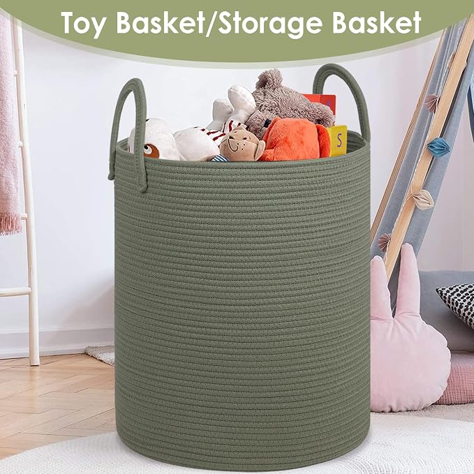 Laundry Basket,18x18X22 Cotton Rope Storage Basket with Handles,Kids Girl Baby Laundry Hamper,Dirty Clothes Hamper,Blanket Basket for Living Room,Nursery Hamper,Room Decor,Green