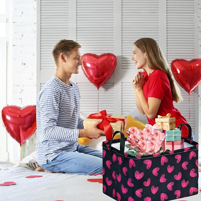 Rectangular Valentines Basket Storage Bin for Shelves Girls Gifts Baskets Foldable Box with Handles for Home Office Car Dormroom Valentine's Day Party Supplies