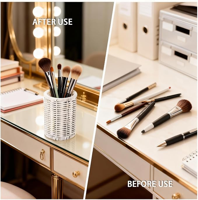 Rattan Jars, Cotton Pad Floss Jar Bathroom Vanity Desk Storage | Hand tight woven solid structure, lightweight & sturdy,Waterproof, easy wipe & rinse clean,fit vanity countertop & washstand