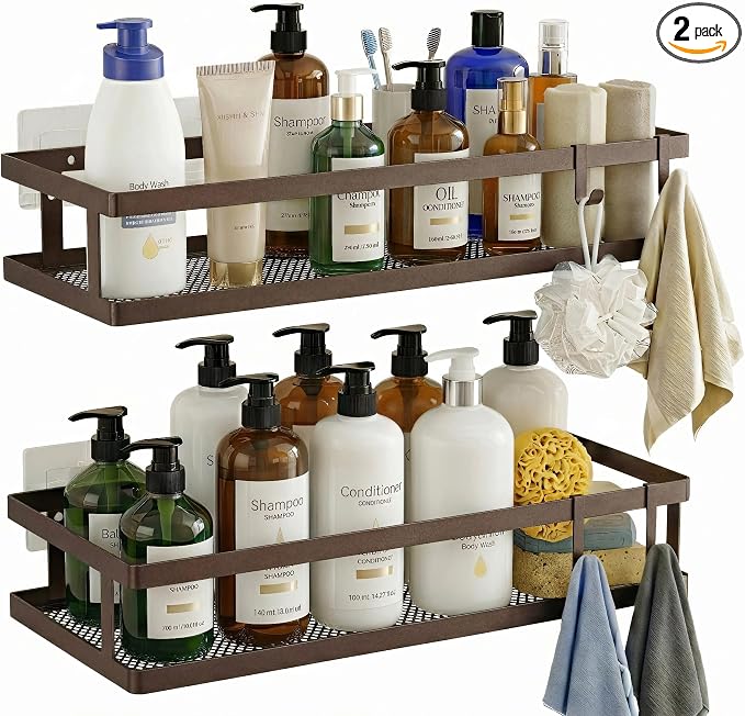 PUSDON 2-Pack Minimalist Shower Caddy Wall Mount, Open Frame Bathroom Shelf Organizer with Mesh Base, Rustproof Floating Spice Rack for Kitchen, Holds 50 LBS, 4 Hooks - Vintage Bronze, Guardrail