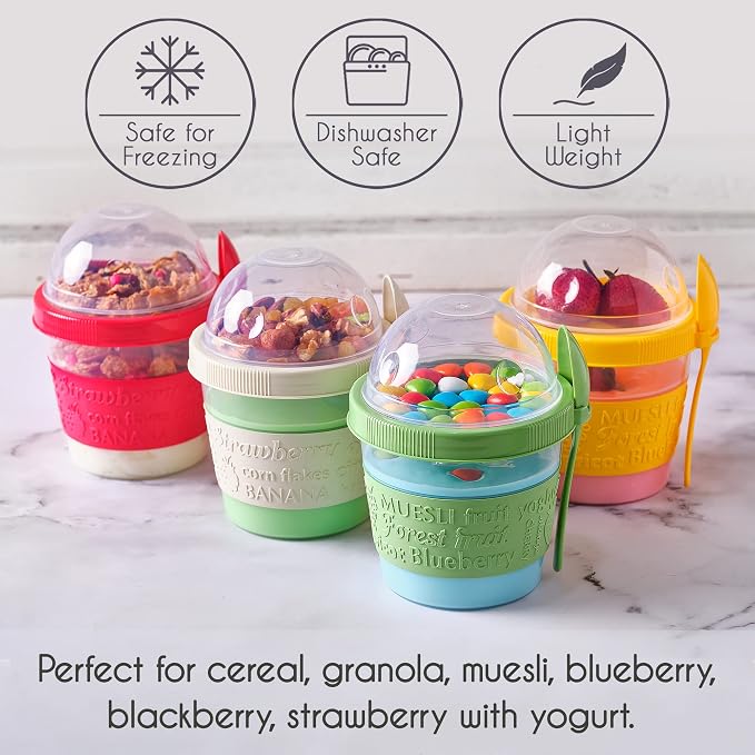 Crystalia 4 Pack 17 oz On The Go Yogurt Parfait Cups with Lids, Mini Breakfast On the Go Plastic Bowls with Topping Cereal Oatmeal Container with Spoon for Lunch, Portable & Reusable, Colorful Set
