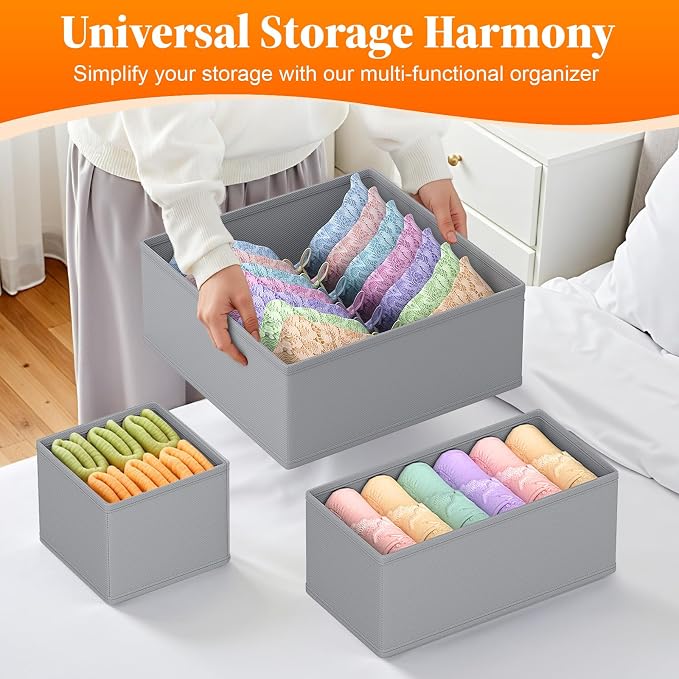 TasticTotes Drawer Organizer Clothes, 16 Pack Drawer Organizers and Underwear Organizer for Nursery, Dividers Clothes Organizer, Closet Organization and Foldable Storage Bins for Socks, Bra, Tie, Grey