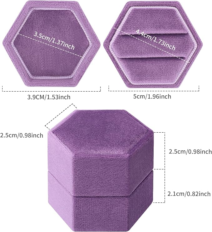 DesignSter Hexagon Velvet Ring Bearer Box - Premium Gorgeous Vintage Double Ring Display Holder with Detachable Lid for Proposal, Engagement, Wedding, Ceremony (Lavender purple)
