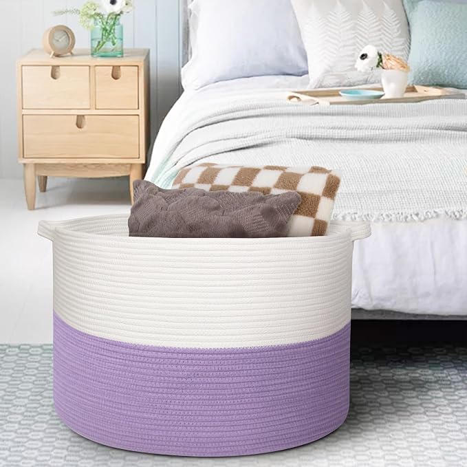 MEGASKET 115L Oversized Purple Basket, 23.6“x15.7 Woven Cotton Rope Baskets for Storage, Blanket Storage for Living Room, Jumbo Woven Laundry Hamper, Towel Bin Box, Purple Living Room Decor