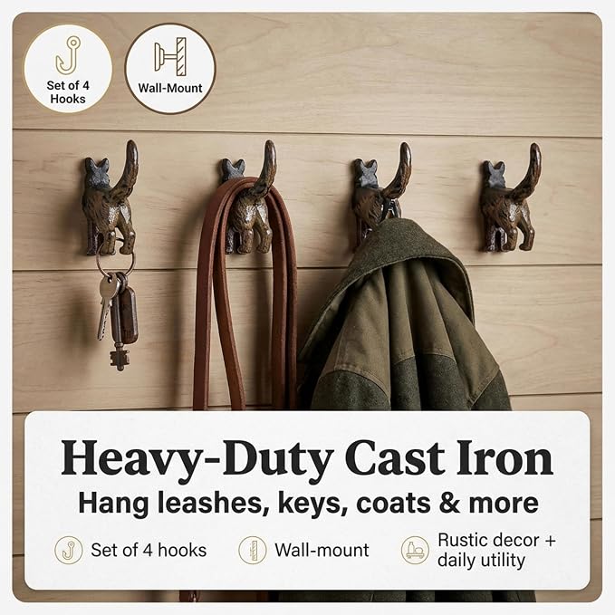 Lulu Decor, Cast Iron German Shepard Dog Tail Hooks (4 Dog Tail Hooks)