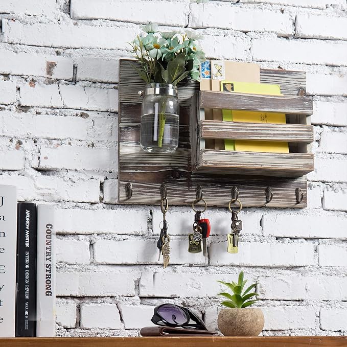 MyGift 6 Hook Wall Mounted Entryway Key Hanger and Mail Holder Basket, Rustic Torched Wood Hanging Home Organizer Rack with Decorative Mason Jar Flower Vase