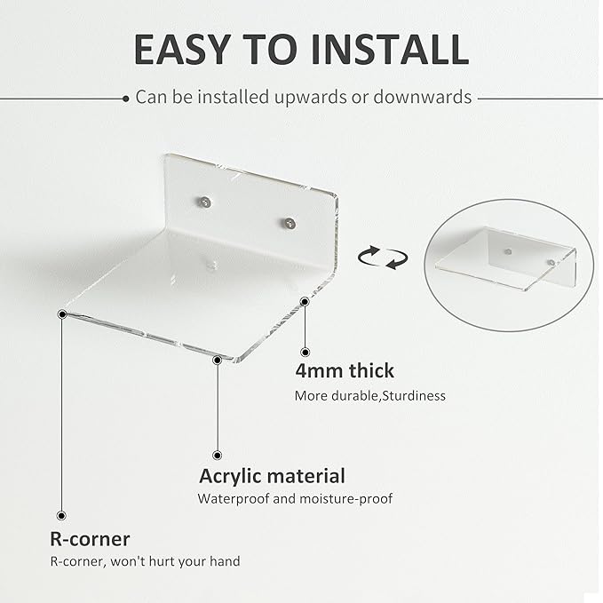 6 Inches Clear Small Wall Shelves, Acrylic Floating Shelf for Small Space, Acrylic Display Ledges for Funko Pop Figures, Home Décor, Plants, Smart Speaker, Digital Clock, 4 Pack