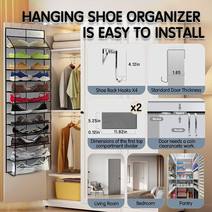 Kotkn Over The Door Shoe Organizer with 12 Large Breathable Pockets - Durable Hanging Storage for the Entire Family's Shoes (Gray)