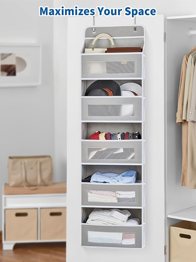 JARLINK Over The Door Organizer, 5 Shelf Door Hanging Organizer with 5 Large Pockets, 44 lbs Weight Capacity Hanging Storage for Bathroom, Bedroom, Nursery, RV, Pantry (Light Grey)