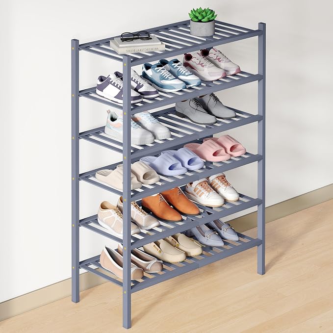 Smiry Bamboo Shoe Rack for Closet, 6 Tier Wooden Shoe Organizer, Stackable Wood Shoe Storage Shelf for Entryway, 14 Vertical Slats, 3+3 Stack Heavy-Duty Legs, 26.77"x11.02"x36.61", Grey