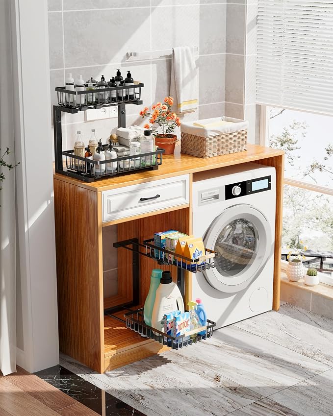 Under Sink Organizer Storage for Families: Pull Out Storage Undersink Organizers Drawer Cabinet - Sliding 2 Tier Rack Metal Organization Under Counter Kitchen Bathroom for Homemakers(Black,1 Pack)